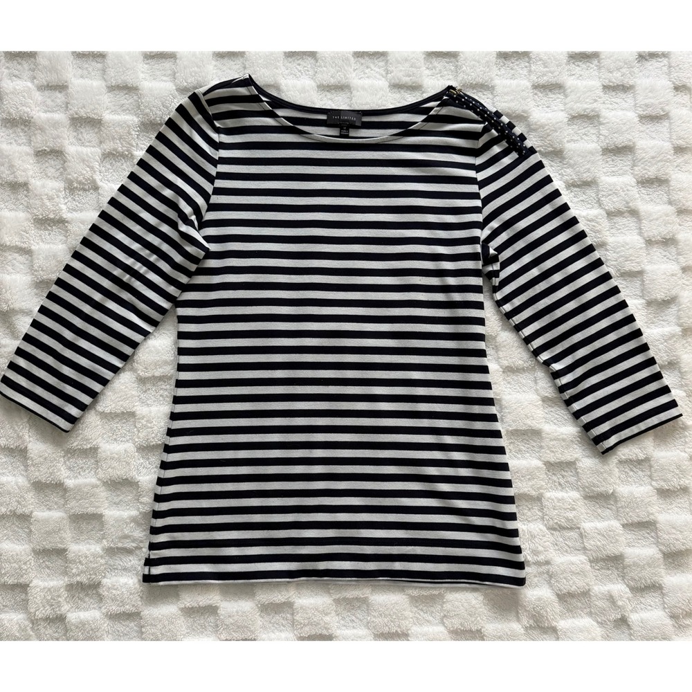 The Limited Navy White Striped Shoulder Zipper Top 3/4 Sleeve Boat Neck M